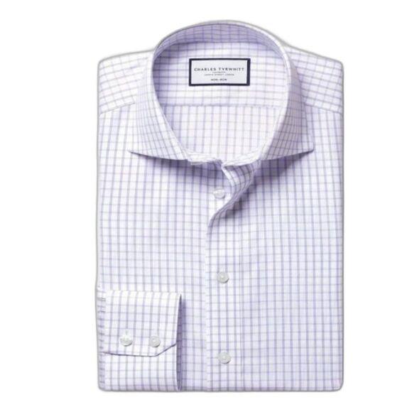 Charles Tyrwhitt White Purple Checked Slim Fit LS Classic Dress Shirt 16/34 - Picture 1 of 11